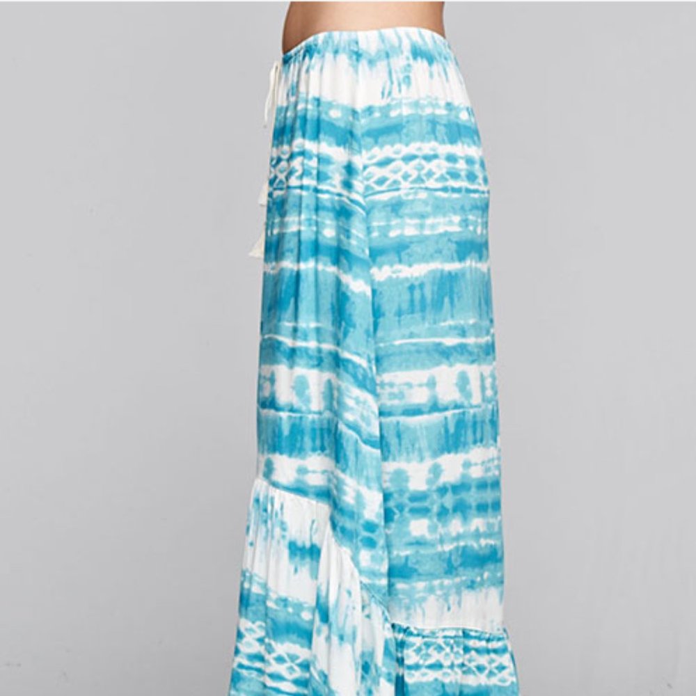 Tie die white/teal high/low maxi skirt